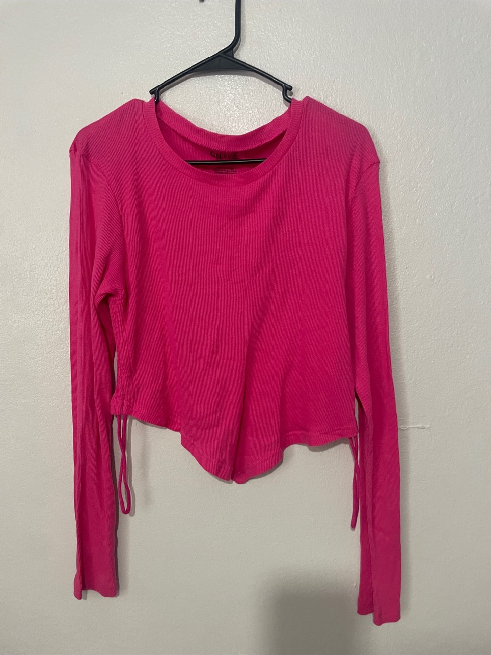 Cropped Long-Sleeve Tee in Hot Pink with Side Ties